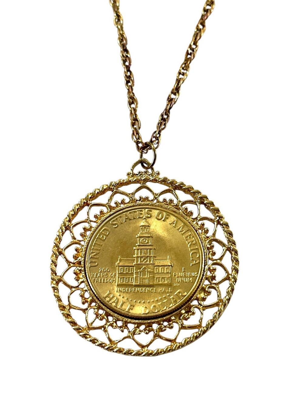 Vintage JFK Half Dollar Coin Pendant Necklace Gold Tone Filigree Frame 24” Chain